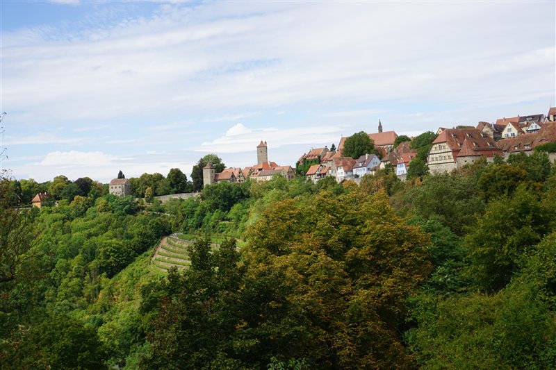 Red-roofed houses and stone towers along a hillside above dense trees